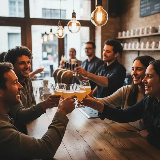 Vrienden klinken met bier in gezellige bar.