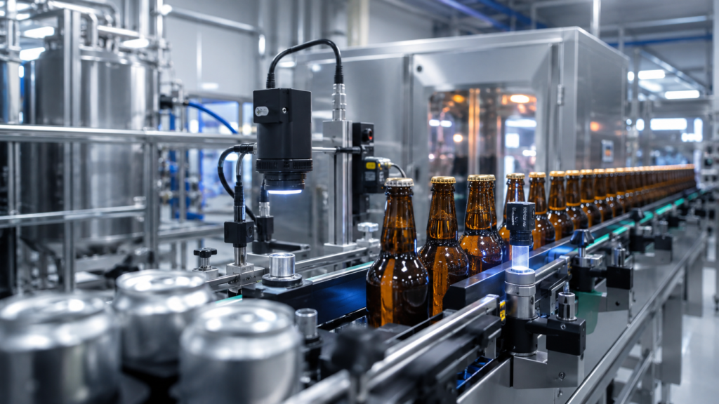 Geautomatiseerde bottellijn met bruine bierflesjes in fabriek