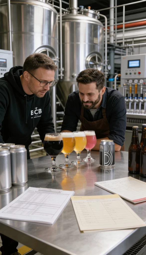 Brouwers proeven verschillende bieren in brouwerij